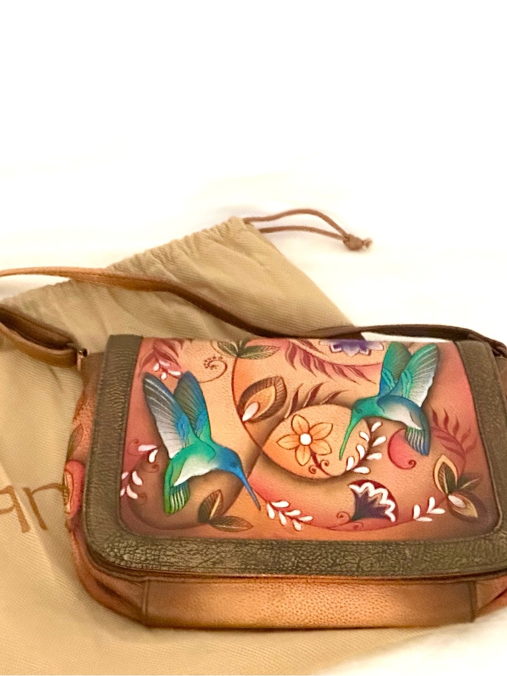 Anuschka Hand-Painted Leather Teal Hummingbird Crossbody Bag New - Picture 16 of 16